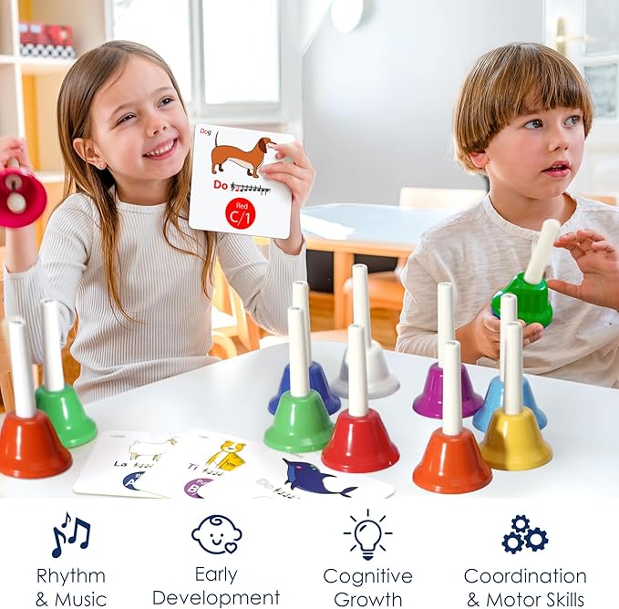 MINIARTIS Hand Bells for Kids | Educational Music Toys for Toddlers 8 Notes Colorful Handbells Set | Kids Musical Instrument with 15 Songbook, Theory Flashcards | Great Birthday Gift for Children