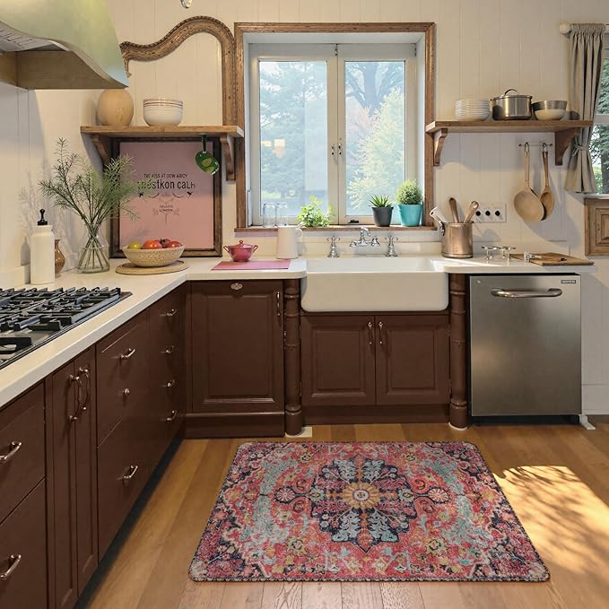 Lahome Bohemian Floral Medallion Area Rug - 2x3 Small Hot Pink Bath Rug Kitchen Sink Mat, Machine Washable Non-Slip Soft Indoor Carpet for Doormat Bedside Apartment Entrance, Fuchsia/Multi