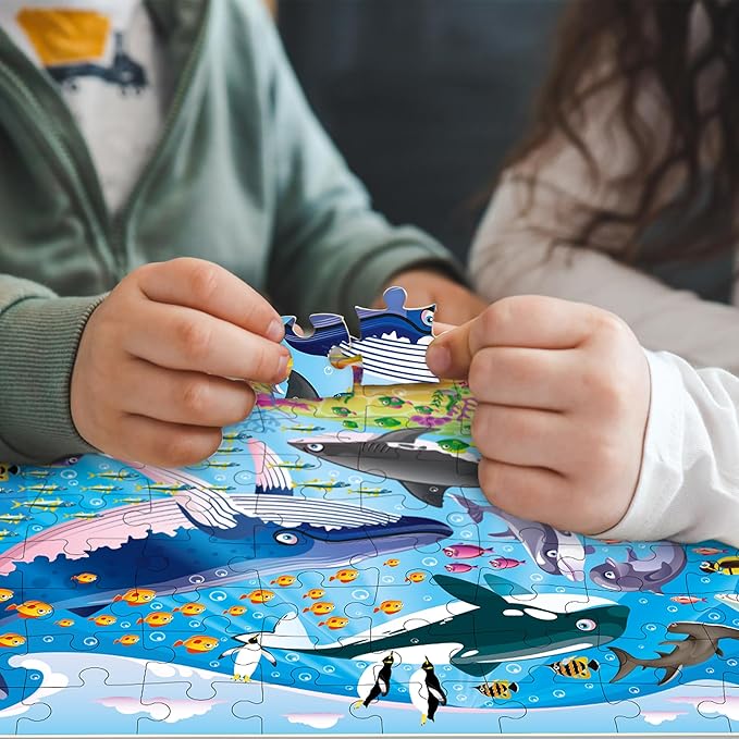 QUOKKA 100 Piece Puzzles for Kids Ages 4-6 – 3 Floor Kids Puzzles Ages 6-8 Year Old – Toy for Learning Ocean & Forest Animals for 8-10 yo – Jigsaw Toddler Game for Boy and Girl Age 3-5