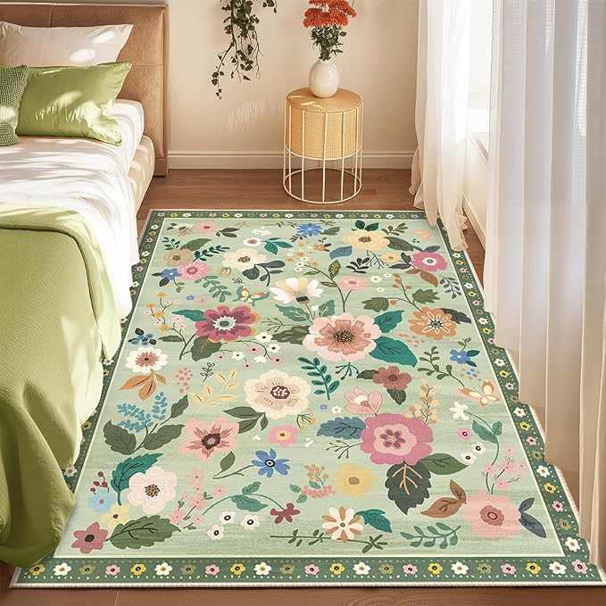 Floral 4x6 Area Rug Machine Washable Soft Print Boho Carpet Non Slip Doormat Low Pile Flower Area Rugs for Living Room Bedroom Nursery Kitchen Dining Room Indoor-Light Green