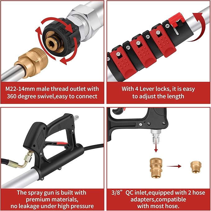 24 FT Gutter Cleaning Tools from The Ground - Telescoping Pressure Washer Wand - Gutter Cleaner Attachment with Power Washer Extension Wands, Brush, 7 Spray Nozzle Tips, 3 Hose Adapters, Support Belt