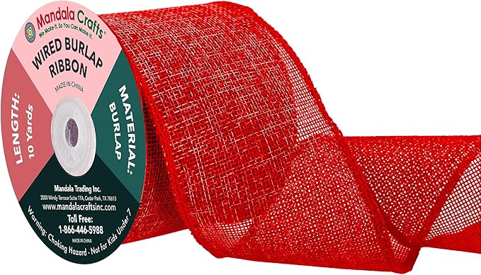Mandala Crafts Red Burlap Wired Ribbon 3 Inches Wide Jute Ribbons for Crafts - 10 Yds Roll Rustic Burlap Wrap Trim Ribbons for Wreaths Bows Party Decoration