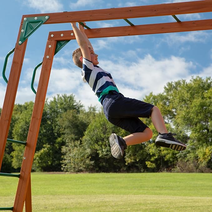 Backyard Discovery Skyfort II Cedar Wood Swing Set with Wave Slide, Raised Clubhouse, Crow's Nest, Monkey Bars, Balcony, Belt Swings, Trapeze, Rock Wall, Picnic Table, Sandbox, Ladder, Outdoor Playset