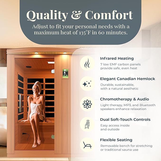 DYNAMIC SAUNAS Madrid Elite 3-Person Ultra Low EMF FAR Infrared Sauna with Red Light Therapy & Bluetooth Speakers | Personal Indoor Dry Heat Sauna for Home & Gym – Made from Canadian Hemlock