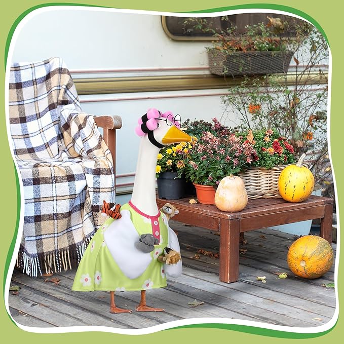 Suzile Funny Lady Porch Goose Outfit for 23'' Cement Goose Curler Wig Costume Glasses with Cute Animals for Halloween Christmas Parties Yard Lawn Outdoor Garden Patio Statue Xmas Santa Holiday Decor