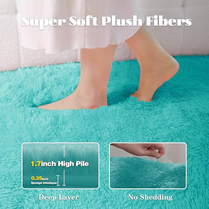 5x7 Area Rug for Living Room: Fluffy Shag Soft Washable Rugs Fuzzy Plush Indoor Carpet for Bedroom Nursery Playroom Dorm Kids Girls Boys Room (Teal Blue, 5'x7')