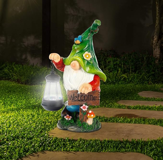 Garden Gnome Statue, Resin Figurine with Bright Solar Lantern Lights and Welcome Sign, Outdoor Solar Illumination Decorations for Indoor Patio Lawn Garden Room,Birthday Housewarming Gift