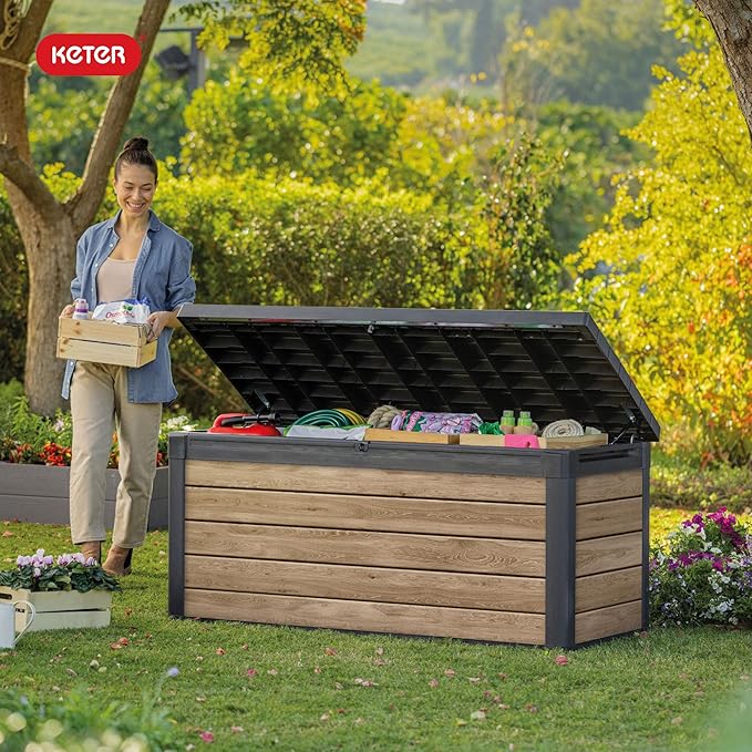 Keter Signature Collection 150 Gallon Resin Deck Box Organization and Storage Box for Patio Outdoor Cushions, Throw Pillows, Garden Tools and Pool Supplies, Ashwood