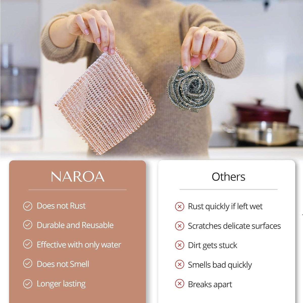 Naroa Copper Scrubbing Pads 3 Pack | 2-Ply Non-Abrasive Metal Mesh Scrubber | Reusable Copper Cleaning Cloth for Stainless Steel, Pots, Pans, Cast Iron | Kitchen Supplies Dishwashing Tools
