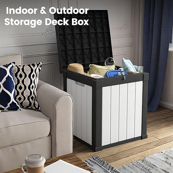 50 Gallon Storage Box, Waterproof Deck Box for Indoor & Outdoor Use, Lockable Pool Storage Bin for Package Delivery, Outdoor Bench for Patio Cushions, Garden Tools, Backyard, Black & White