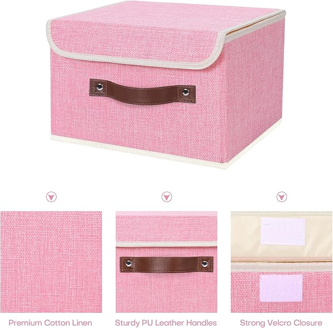 ANMINY Storage Bin with Lid Storage Boxes with PU Leather Handles PP Plastic Board Decorative Foldable Lidded Cotton Linen Fabric Home Cubes Baskets Closet Organizer Container - Pink, Small Size