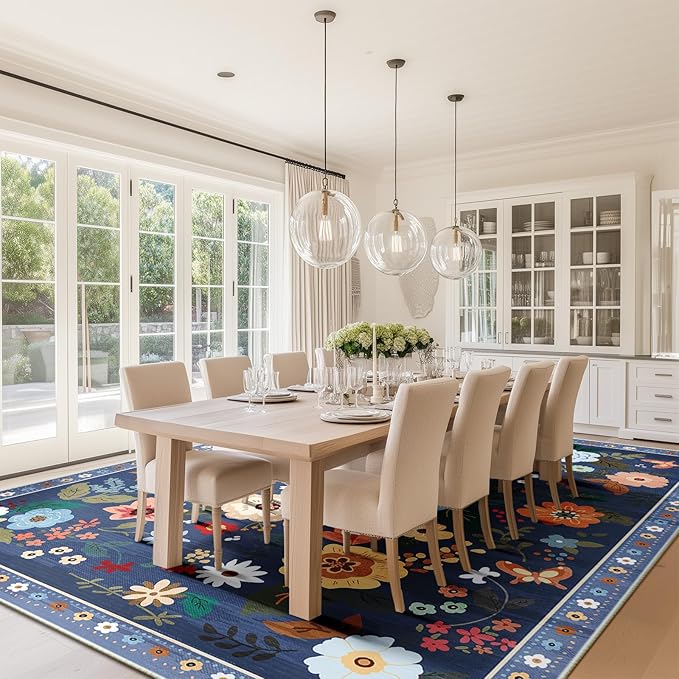 Floral 6x9 Area Rug Machine Washable Soft Print Boho Carpet Non Slip Doormat Low Pile Flower Area Rugs for Living Room Bedroom Nursery Kitchen Dining Room Indoor-Blue/Grey