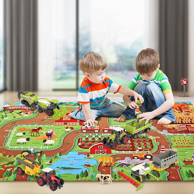 Oriate Farm Tractor Set 34 Piece Die Cast Vehicle Value Playset, Large Size 4.8" Tractors Toy Kids Birthday Gift, Farm Play Mat Tractors Animals Trailer Toys, Farm Equipment Accessories