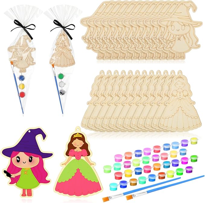 VioraWhite 24 Set Paint Your Own Witch Princess Party Favors Pink and Green Party Supplies Witch Hats Princess Crowns DIY Wood Painting Craft Kit Color Your Own Arts Crafts Kit for Birthday Gift