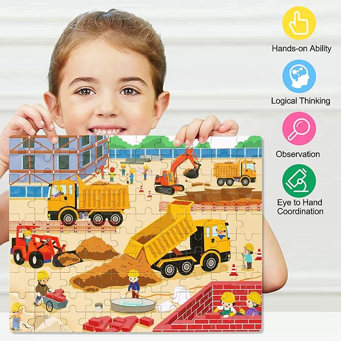 LELEMON 100 Pieces Jigsaw Puzzles in a Metal Box for Kids Age for 4-8 Boys Girls Toy Puzzles Construction Site Vehicles Children Learning Educational Puzzles Toys