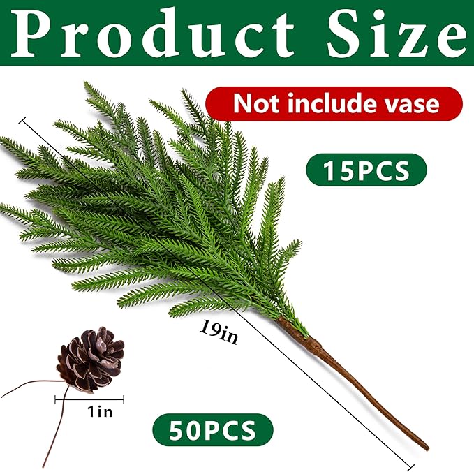 Watayo 15 Pcs Christmas Norfolk Pine Branches with Pine Cones, 19" Extra Length Fake Greenery Norfolk Pine Stems Sprigs, Artificial Xmas Branches Plants Pine Leaves for DIY Craft Garland Home Decor