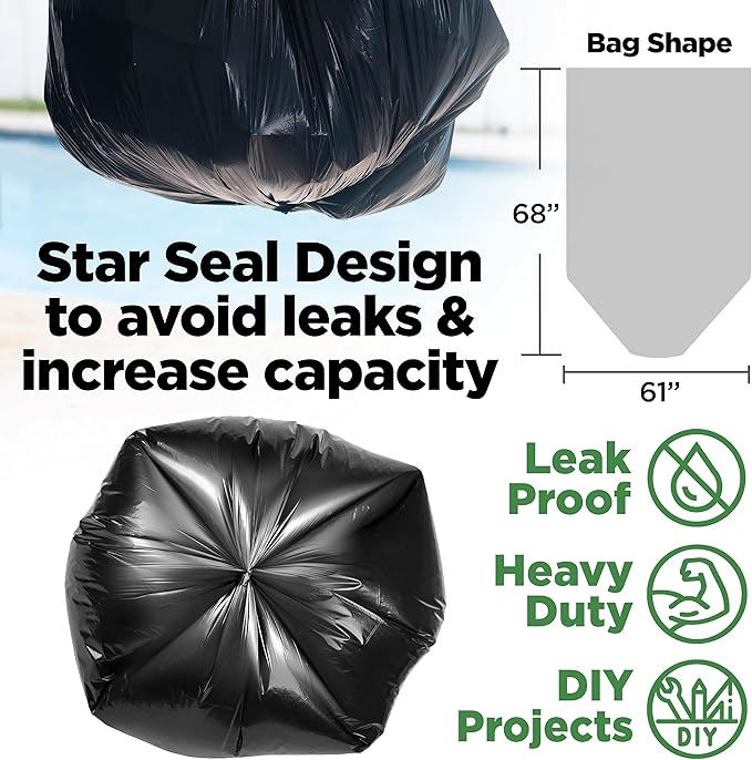 ToughBag 95-96 Gallon Trash Bags Heavy Duty (25 Count) - Extra Large Black Garbage Can Liners for 90-100 Gallon Cans - Made in USA