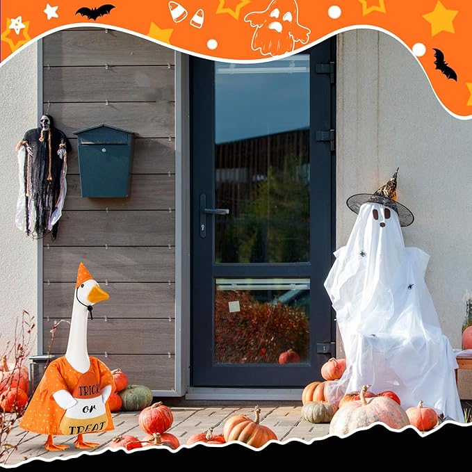 Sanwuta 1 Set Halloween Porch Goose Outfit Candy Corn Pillow Design with Hat for 23" Lawn Cement Goose Porch Geese Clothes Costume for Halloween Garden Patio Yard Outdoor Decorations