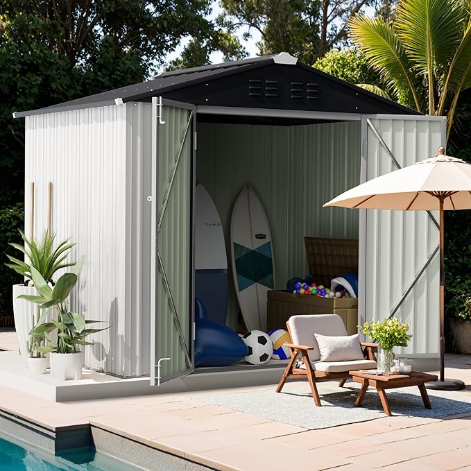 GUNJI 8 x 6 FT Shed Outdoor Storage Shed Metal Garden Shed with Lockable Door Outside Waterproof Tool Shed for Backyard, Patio, Lawn (White)