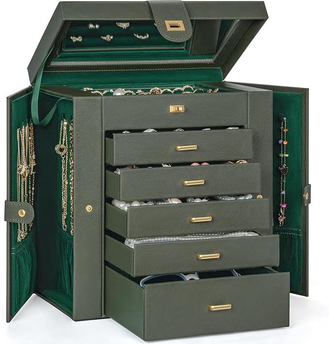 AKOZLIN Huge Jewelry Box Organizer Functional Large Leather Jewelry Storage Case for Women Girls Ring Necklace Earring Bracelet Holder Organizer with Mirror