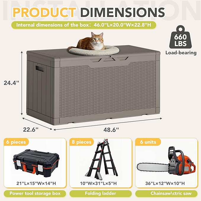 Greesum 100 Gallon Resin Deck Box Lockable Large Outdoor Storage Boxes for Garden Tools, Patio Furniture Cushions, Pool Supplies, Light Coffee