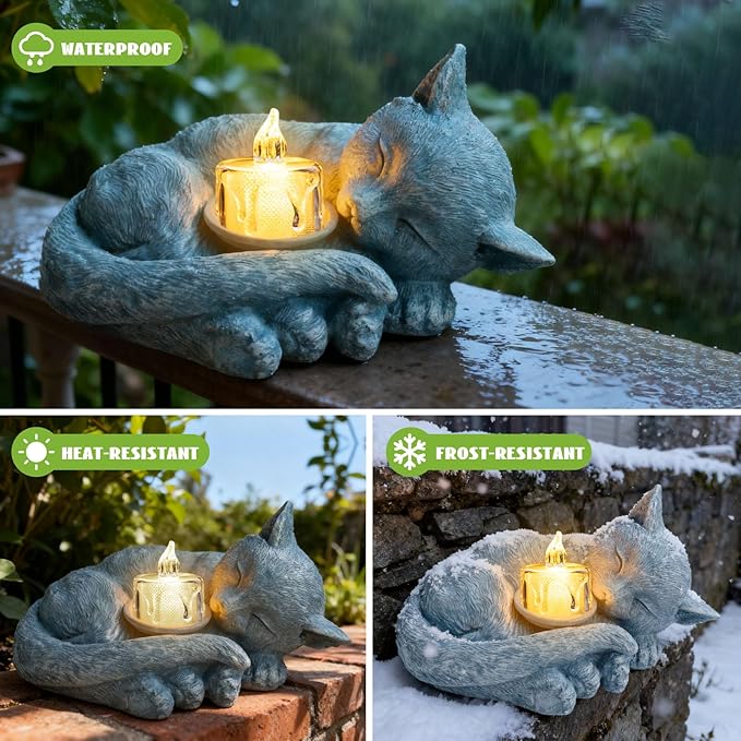 Sleeping Cat Candle Holder Statue Realistic Resin Cat Figurine with Candle Tray Outdoor Garden Decor for Patio Yard or Indoor Use for Cat Lovers Women and Memorials Grey Stone