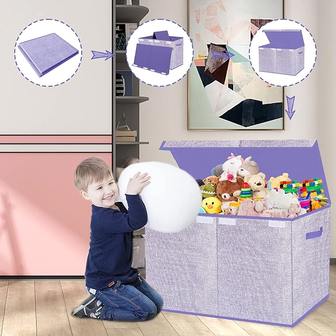 Toy Storage Bins,Large Toy Box Chest with Lids,Foldable Stuffed Animal Toy Organizers and Storage with Sturdy Handles for Kids,Girls,Boys,Nursery,Playroom 24.5"x13"x16" (Purple)