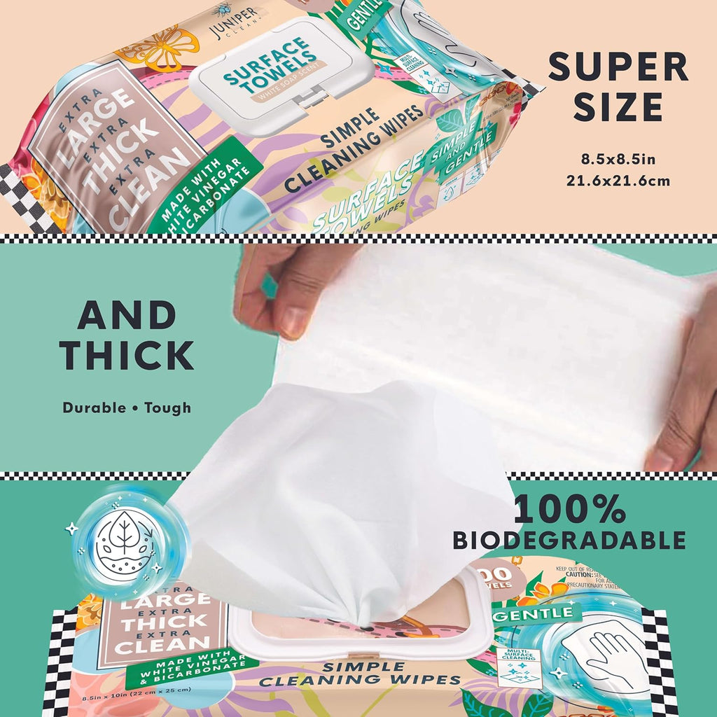 6 Packs Surface Cleaning Wipes, Thick & Large Dispose, All-Purpose Cleaner for Bathroom, Kitchen, Office, 600 Count Soft Flow, Biodegradable, White Soap Scent