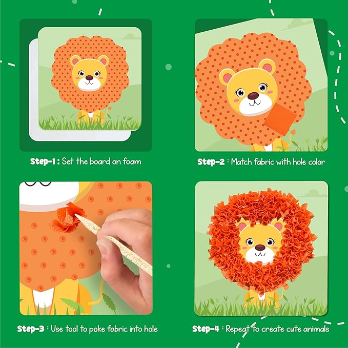 jackinthebox Poke Poke Art – Animals Theme, Mess-Free Fabric Art and Craft, Flower Pressing Kits, Gift for Kids, Girl Gifts, Boy Gift, Toys for Girls and Boys Ages 4 5 6 7 8