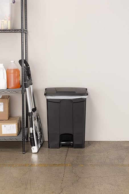 Safco Step On Plastic Trash Can with Foot Pedal, 23 Gallon Garbage Can for Kitchen, Indoor or Outdoor Use, Hands Free, Black