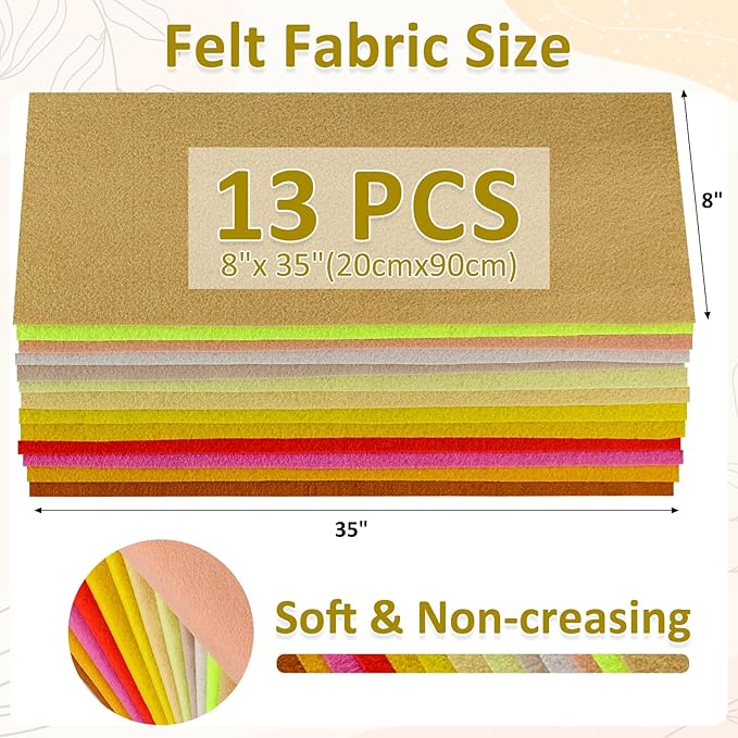 XSEINO 13 Rolls 8"x35" 1.4mm Thick Soft Felt Fabric Sheet 13 Assorted Yellow Series Colors Felt Pack for DIY Craft Sewing Squares Nonwoven Patchwork