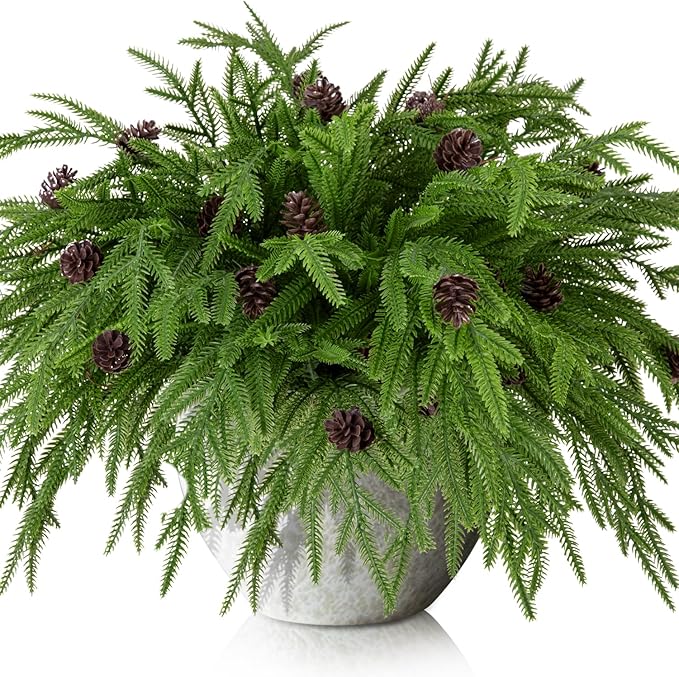 Watayo 15 Pcs Christmas Norfolk Pine Branches with Pine Cones, 19" Extra Length Fake Greenery Norfolk Pine Stems Sprigs, Artificial Xmas Branches Plants Pine Leaves for DIY Craft Garland Home Decor