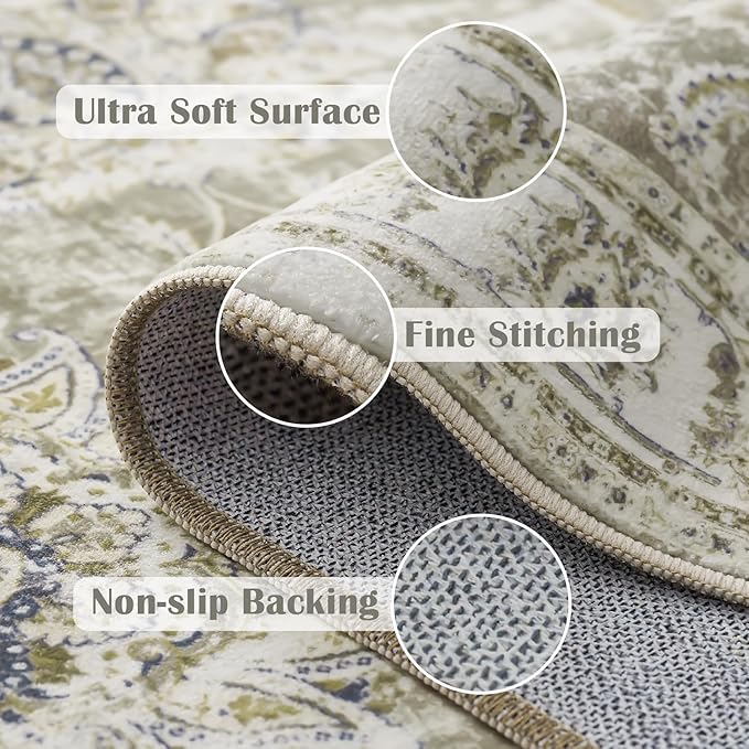 jinchan Hallway Runner Rug 3x10 Washable Runner - Vintage Floral Non Slip Low-Pile Soft Thin Faux Wool Kitchen Rug Distressed Carpet for Farmhouse Bedroom Laundry Room(3x10ft,Taupe)