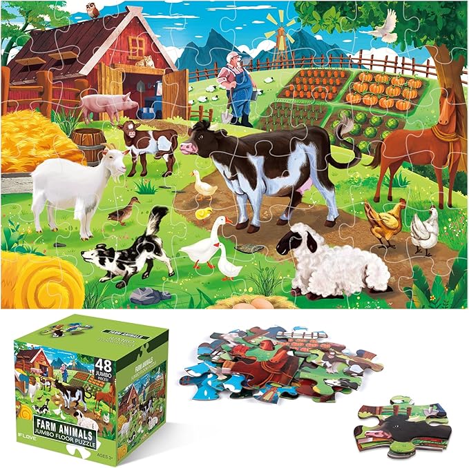 Jumbo Floor Puzzle for Kids,Farm Animals Jigsaw Large Puzzles,48 Piece Barn Puzzle for Toddler Ages 3-5,Children Learning Preschool Educational Toys,Birthday Gift for 4-8 Years Old Boy and Girl