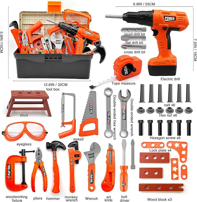 Kids Tool Set – 48 Piece Toddler Tool Set with Electronic Toy Drill& Tool Box,Pretend Play Kids Toys,Construction Kits Toys for Kids Ages 3 4 5 Years Old, Toddler Boy