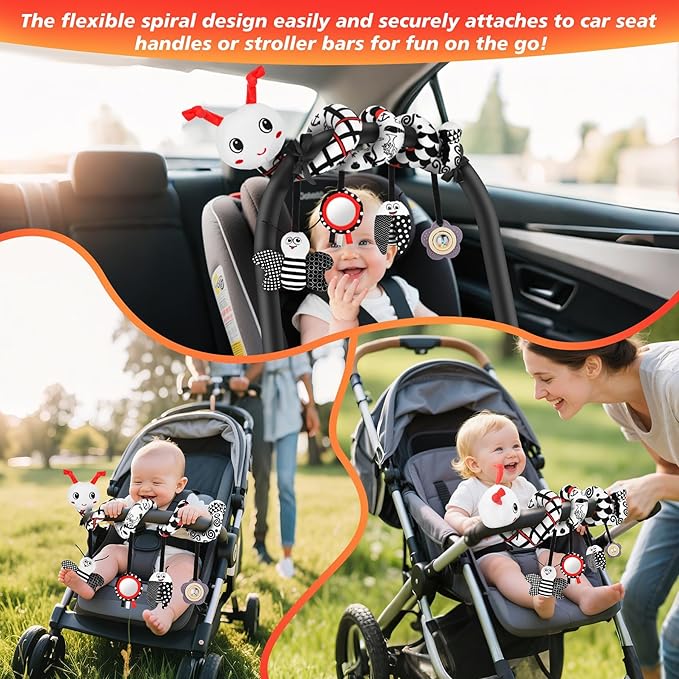 Car Seat Toys for Babies, 0-6 Months Stroller Activity Black White Baby Spiral Plush Toys Newborn High Contrast Sensory Carseat Toys with 4 Pendants Hanging Boys Girls Gift