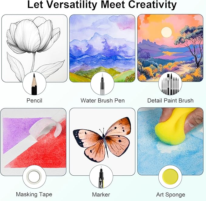 Watercolor Paint Set 50 Colors Including Metallic, Watercolor Kit with Case, Watercolor Paper, Paint Brushes, Palette and Accessories, Water Color Art Supplies Gift for Adults Kids Artists