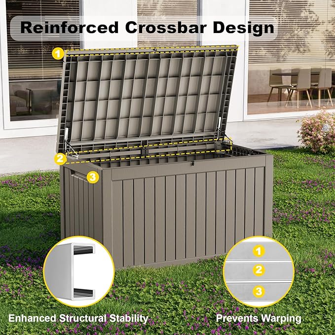 230 Gallon Outdoor Deck Box,Storage Lockable Waterproof Patio Furniture,Garden Tools,Cushions,Pool Accessories Outside Storage Resin Box(Grey)