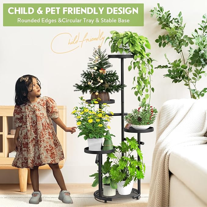TOSKING 5 Tier Tall Plant Stand Indoor Outdoor, Heavy Duty Corner Plant Stand with Space-Saving Plant Shelf for Multiple Plants| Round Plant Table Design for Living Room Balcony Garden (Black, 38in)