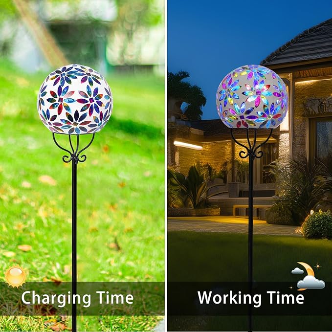 VCUTEKA Solar Outdoor Lights Garden Decor Mosaic Solar Garden Lights Waterproof Glass Ball LED Pathway Stake Light for Landscape Lawn Patio Yard Decoration 6 inch, Multi