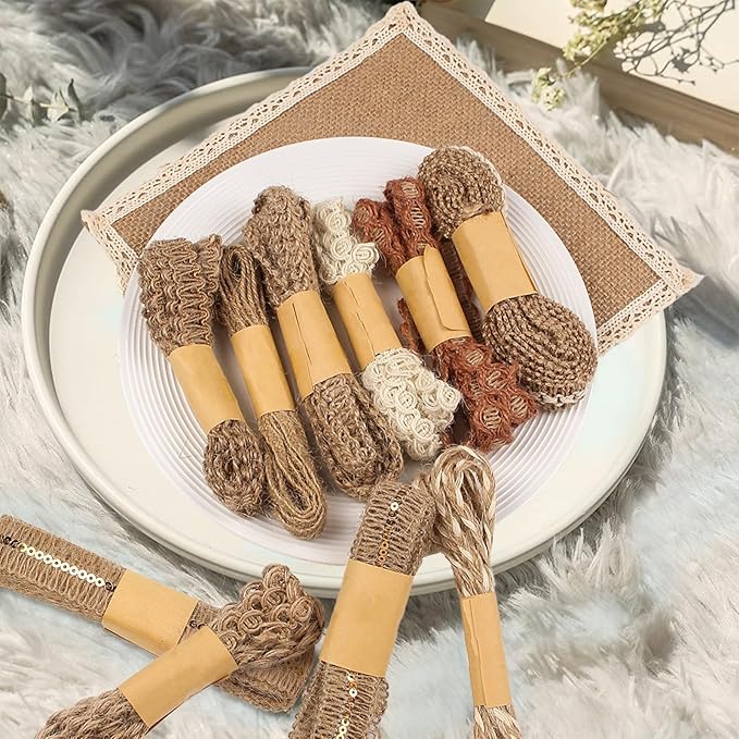 9 Rolls Natural Burlap Lace Ribbon Trim,18 Meters Jute Craft Ribbon for DIY Sewing,Rustic Wedding Decorations,Gift Wrapping&Party Supplies