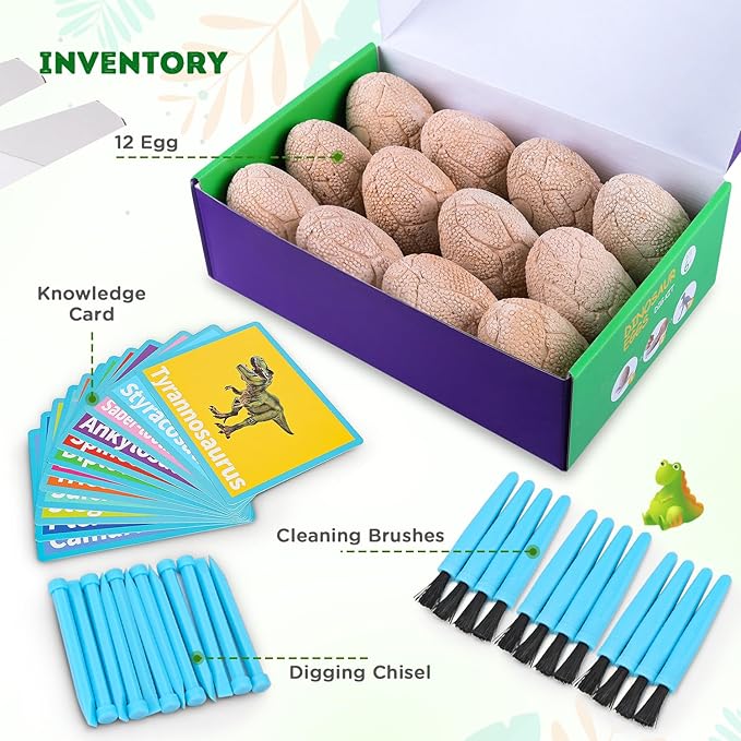 Dig Up Dinosaur Fossil Eggs, Break Open 12 Unique Eggs and Discover 12 Cute Dinosaurs, Easter Digging Toy for 3 4 5 6 7 8 9-12 Year Old Boys Archaeology Science STEM Gift