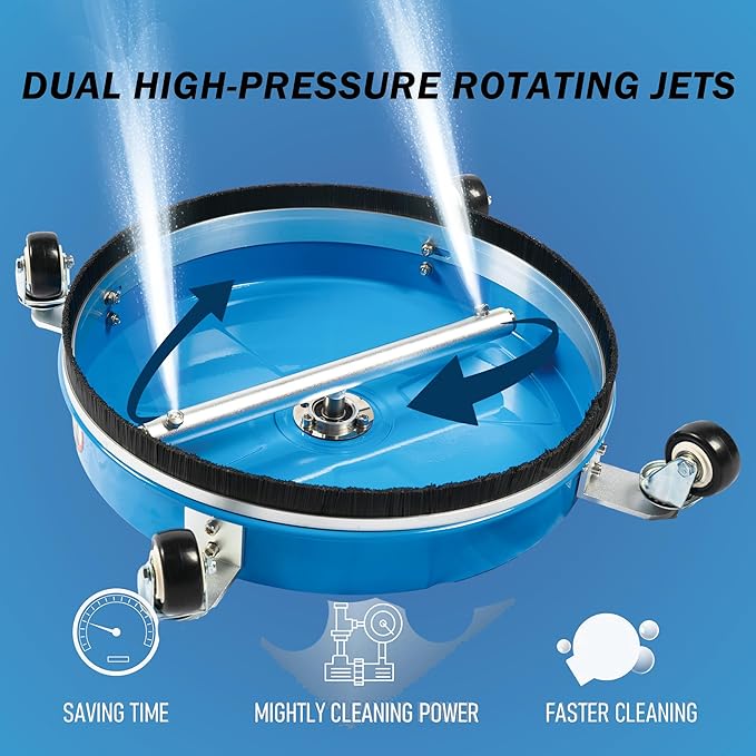 17" Pressure Washer Surface Cleaner with 4 Wheels, Coated Blue Stainless Steel Power Washer Surface Cleaner for Driveway Sidewalk, 1/4" Quick Connector, 2 Extension Wand, 4000 PSI