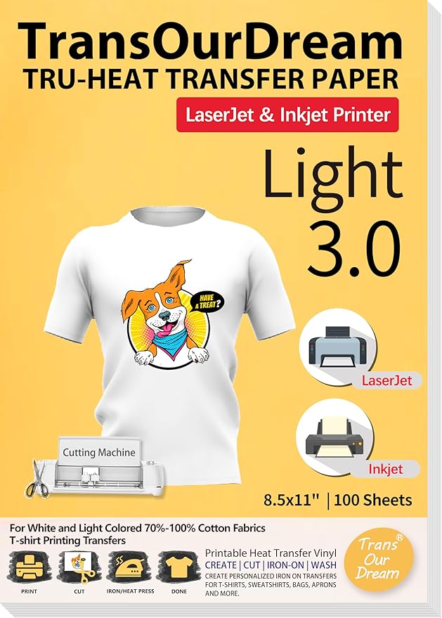 TransOurDream Tru-Heat Transfer Paper for Inkjet & Laserjet Printer (100 Sheets 8.5x11", 3.0) Printable HTV Heat Transfer Vinyl for T Shirts Iron On transfers for Light Fabrics (TRANS-L3-1-100)