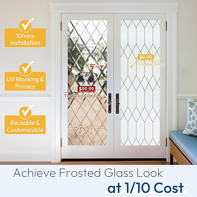 rabbitgoo Window Privacy Film for Glass Windows, Frosted Glass Cling with Decorative Moroccan Lattice, Removable Heat Control Sun Blocking Door Covering Sticker for Home Bathroom, 35.4 x 157.4 inches