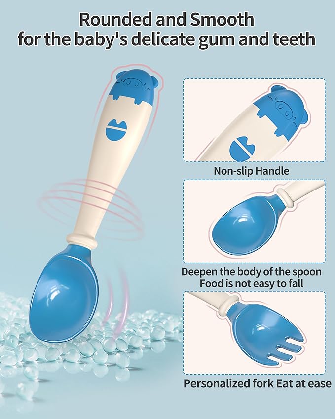 Deejoy Toddler Utensils with Travel Safe Case, Silicone Baby Spoons and Fork Set for Self Feeding, Toddlers Feeding Training Spoon, Easy Grip Heat-Resistant, Bendable Function (2 Sets, Yellow+Blue)
