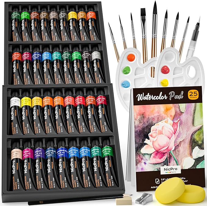 Nicpro 78PCS Watercolor Paint Set for Adults,Beginner & Artists, 36 Tubes Water Color Paint Set with 25 Watercolor Paper, 8 Squirrel Paint Brushes, Palettes, Color Wheel, Art Painting Supplies