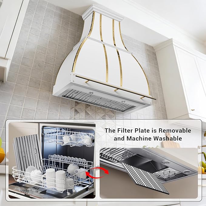 CHETTO C Stainless Steel Range Hood Cover with 4-Speed Vent Hood Insert Custom Handcrafted Metal Kitchen Fan with Towel Rack LED Light 54"W x24"D x27"H White Wall Mount