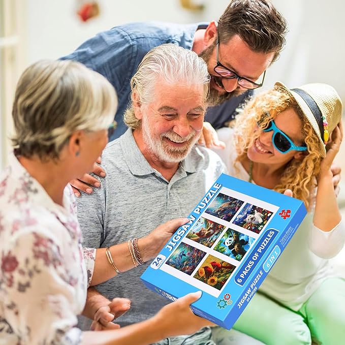 6 Packs 24 Large Piece Puzzles for Seniors,Animals Puzzle for Seniors with Dementia,Turtle Panda Cat Dolphin Bird Dog Easy Jigsaw Puzzle for Alzheimers Memory Games Dementia Activities