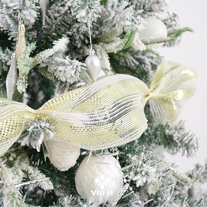 MEEDEE Cream Cotton & Deluxe Metallic Champagne Striped Deco Mesh - 30 Feet for Christmas Tree, Wreaths, Garland, Gift Wrapping, Bows Making
